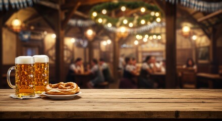 Fototapeta premium Bar table Oktoberfest background, rustic pub setting with mugs 