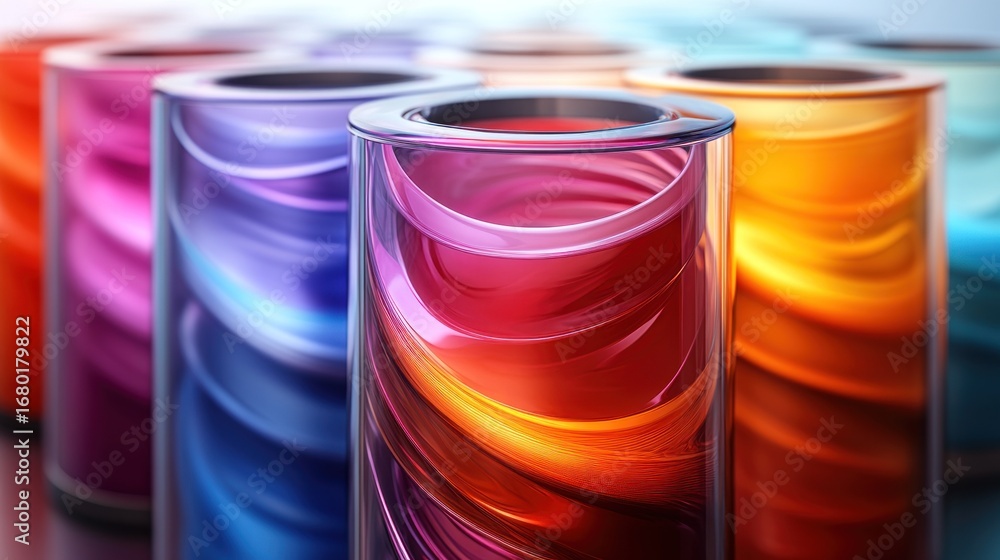 Poster vibrant abstract colorful liquids swirling in translucent glass test tubes with shallow depth of fie