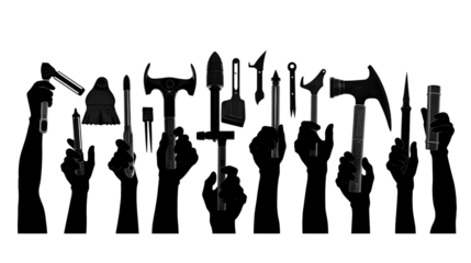 black silhouette of hand holding various tools on white background