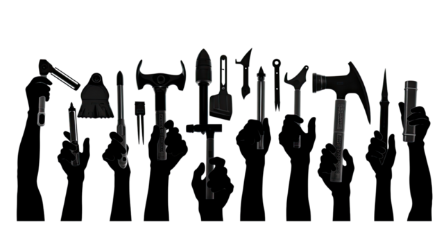 black silhouette of hand holding various tools on white background