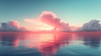 Dreamy Seascape with Vibrant Pink and Blue Sky, Reflective Calm Ocean, and Majestic Clouds at Sunset