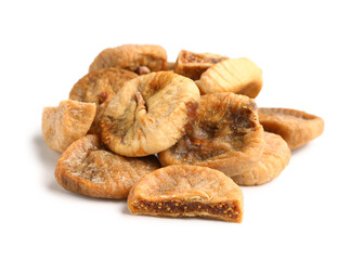 Many dried figs on white background
