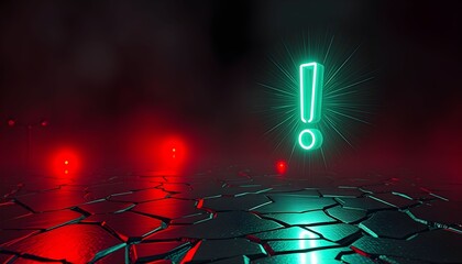 Glowing green exclamation point hovers above a cracked surface, with red orbs in the dark, foggy background.