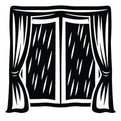 Stylized window with curtains illustration in black and white line art