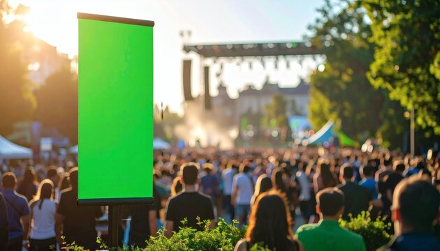 Advertising banner at outdoor event with green screen, crowd blurred in background