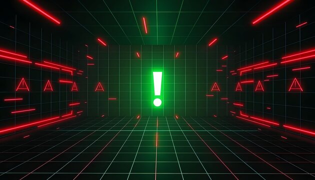 A green exclamation mark glows in a grid-lined tunnel with red warning signs and neon lights.