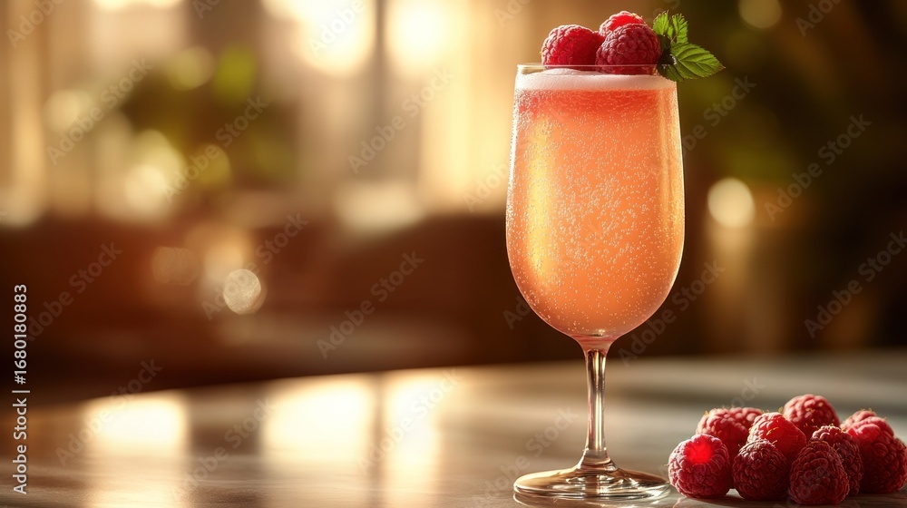Poster sparkling raspberry cocktail with fresh mint garnish and ripe raspberries on a table in a warm, ambi