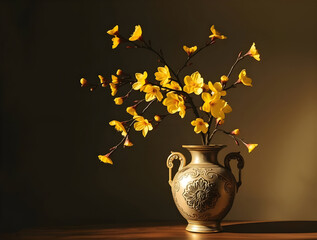 Refined Yellow Apricot Blossoms in Traditional Vase
