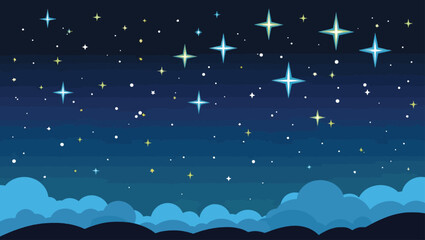 Magical starry night sky with fluffy clouds and silhouetted landscape vector illustration