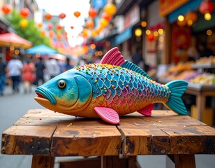 Colorful fish sculpture on wooden table, festive street background