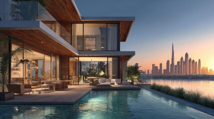 Modern waterfront villa with pool, city skyline view