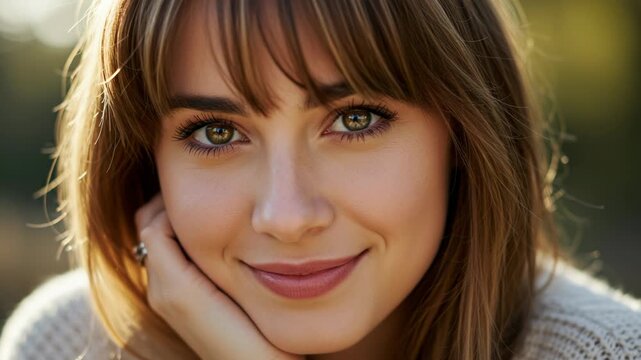Closeup portrait of a smiling woman with bangs outdoors