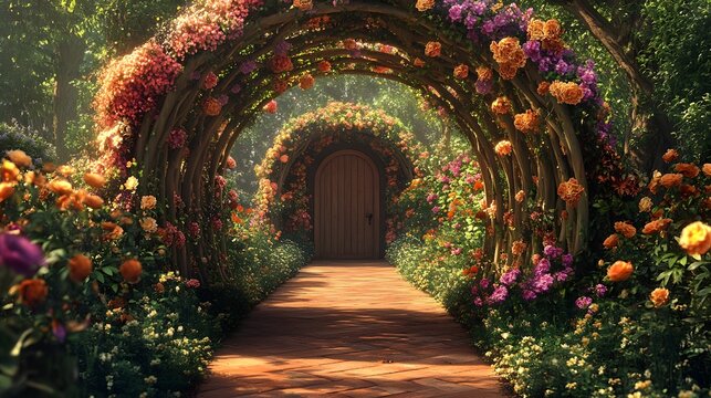 A flower-covered trellis tunnel leading to a hidden garden door
- Powered by Adobe