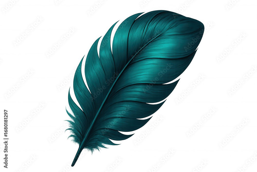 Poster close-up of a vibrant teal feather with transparent background, ideal for design projects needing a 