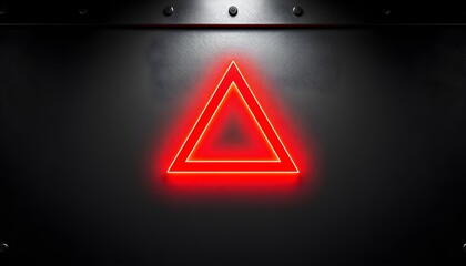 Glowing red warning triangle on dark metallic background.