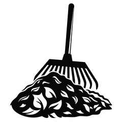 Monochrome illustration of rake and pile of fallen leaves in autumn season