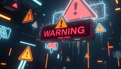 Warning signs float amidst a futuristic, neon-lit environment, creating a sense of alert and technological danger.