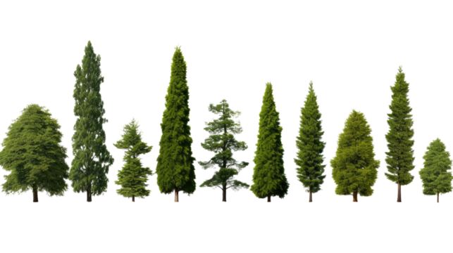 different types of cypress trees in row on white background