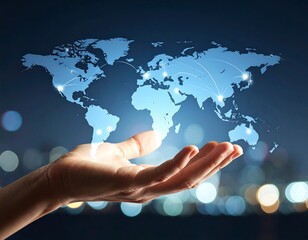 Hand holding a global network map