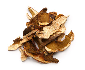 Tasty dried mushrooms on white background