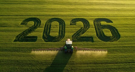 Aerial view of a tractor spraying a field, with the year 2026 formed by crop patterns