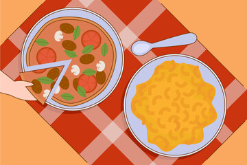 Flat illustration of a pizza with toppings and a plate of macaroni and cheese on a checkered tablecloth.