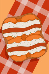 Top view vector of toasted bread layered with sausages and creamy mayo on a red gingham tablecloth.