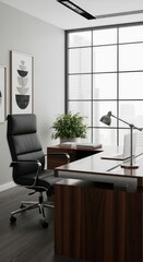 Modern Executive Office Interior with Sleek Wooden Desk, Ergonomic Black Leather Chair, Large Window, and Contemporary Decor