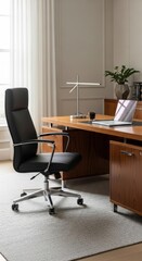 Fototapeta premium Modern and elegant executive home office featuring a black leather chair, sleek wooden desk, and abundant natural light from a window with sheer curtains