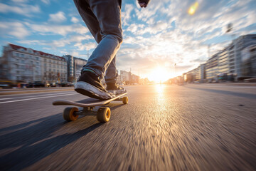 Skateboarder on a City Street with Sun Flare