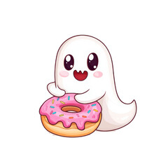Cute ghost character holding a colorful donut