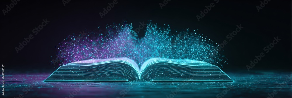 Poster dynamic book releasing colorful particles in an abstract digital environment at nighttime