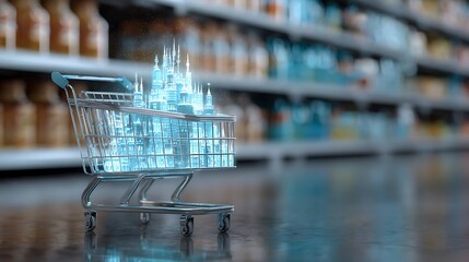 Futuristic shopping cart with glowing digital interface in supermarket aisle