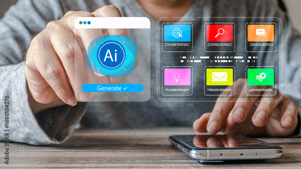 Fototapete a person's hand touches a futuristic holographic interface with an ai icon and generate button. the 