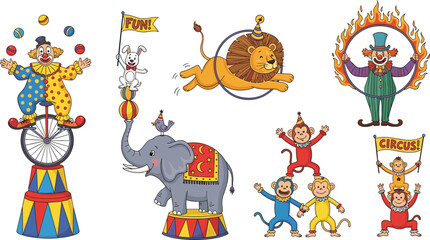 Colorful circus performance illustration with clown, lion, elephant, monkeys, juggling, unicycle, fire hoop, fun animals, festive party entertainment show