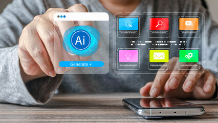 A person's hand touches a futuristic holographic interface with an Ai icon and generate button. The display shows various application icons above a smartphone on a wooden table.