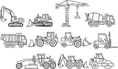 Obraz premium A comprehensive collection of essential heavy construction vehicles and industrial machinery, depicted in detailed black and white outline illustrations, ideal for engineering projects.