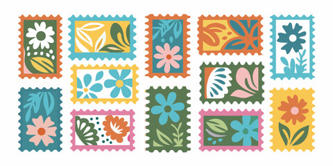 Collection of colorful postage stamps featuring abstract floral and leaf designs in a modern flat style