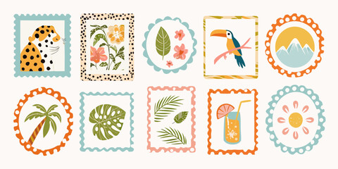 Collection of ten colorful flat design postage stamps featuring tropical motifs and nature elements