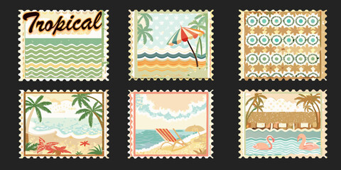 Naklejka premium Collection of six vintage style tropical beach scene postage stamps with palm trees and ocean waves