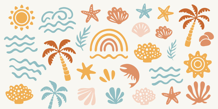 Boho beach collection with palm trees sun waves starfish shells coral and rainbow