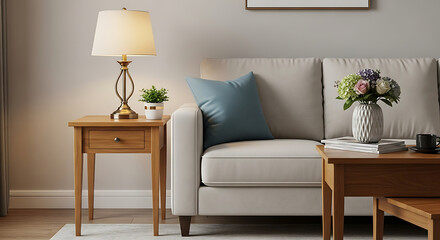 Cozy Living Room Scene Featuring Sofa Table and Lamp.