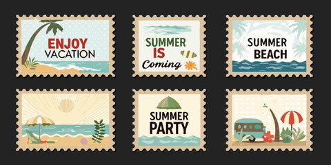 Collection of six vintage style postage stamps featuring summer beach vacation and party themes