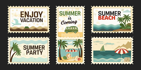 Collection of six vintage postage stamps depicting summer vacation themes and beach scenes