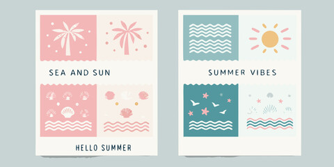 Charming summer beach posters featuring palm trees seashells waves sun and birds in pastel colors