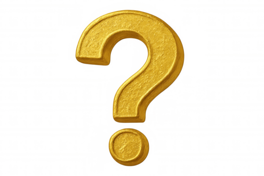 Golden question mark hovering, representing uncertainty, symbolizing doubt and curiosity against transparent backdrop