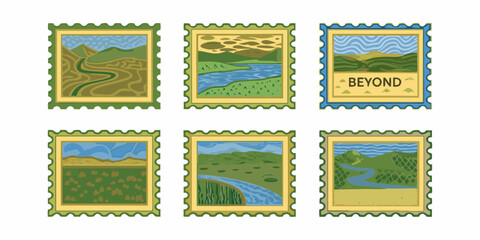 Collection of six stylized postage stamps featuring diverse landscape illustrations with a vintage feel