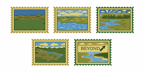 Collection of five illustrated postage stamps depicting diverse landscapes and a stamp with the word beyond