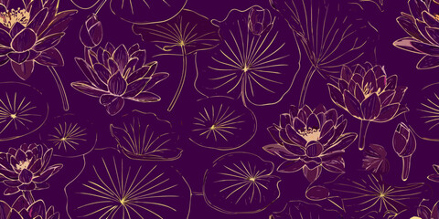 Elegant gold line art lotus flowers and lily pads on a rich purple background seamless pattern