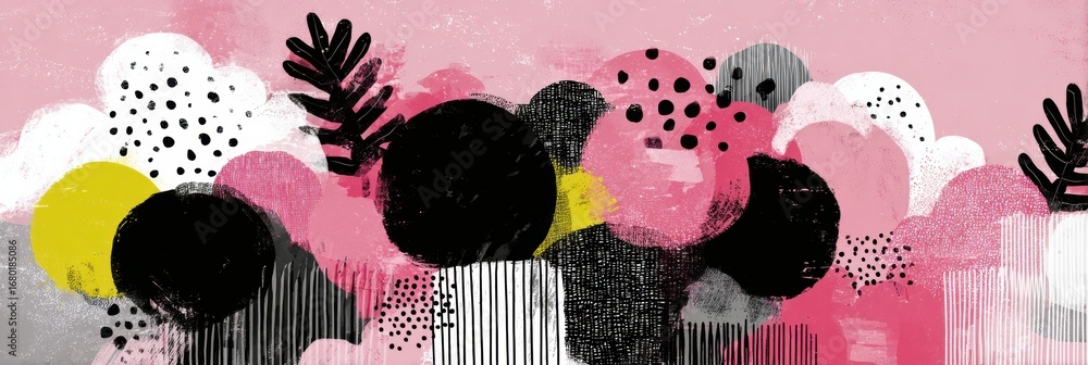 Poster abstract composition featuring colorful shapes and patterns on a soft pink background with contrasti